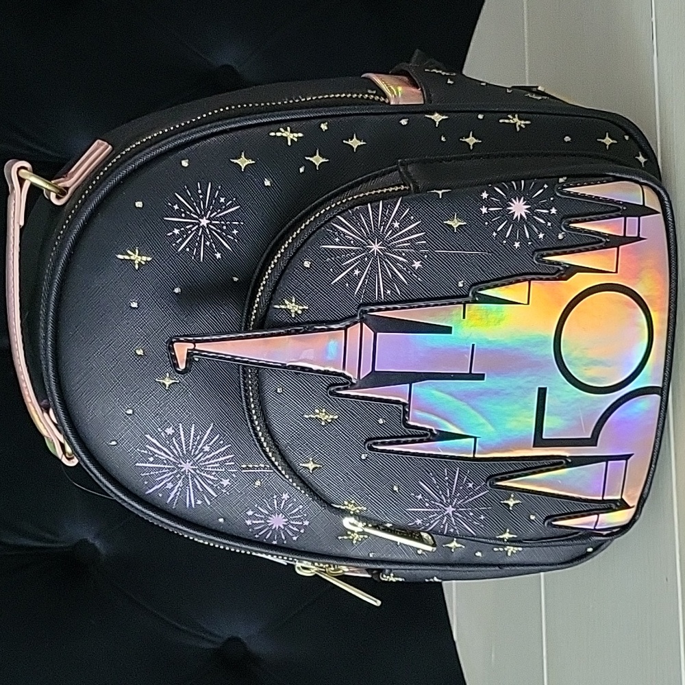 Disney World 50th Anniversary Black Grand Finale Castle Loungefly Mini Backpack